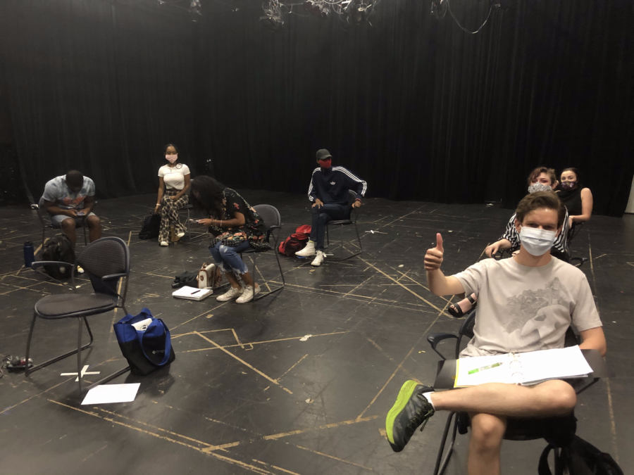 A+physically+distanced+theatre+class+with+taped-out+areas.+Photo+by+Macy+Frazier.