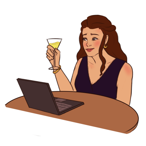 A person with long hair sits at a table across from an open laptop. They are holding up a martini glass as if to share a toast with the laptop.