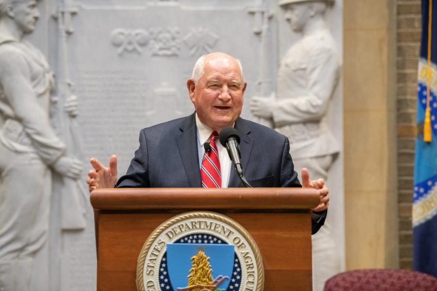 Agriculture Secretary Sonny Perdue speaks before swearing in Stephen Vaden as General Counsel to the U. S. Department of Agriculture (USDA), in Washington, D.C. on December 14, 2018. Deputy General Counsel Tyler Clarkson holds the Bible. USDA Photo by Lance Cheung.