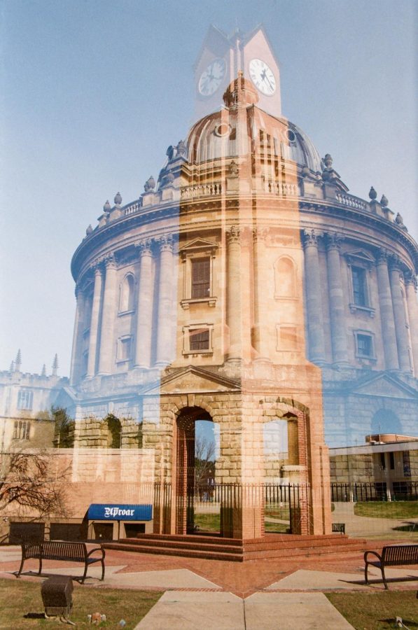 Kodak Gold 200 double exposed film photo featuring the CSU Clocktower and Oxford University's Radcliffe Camera. 